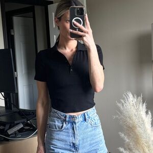 Zara black cropped, collared tee. Size M. Never worn.